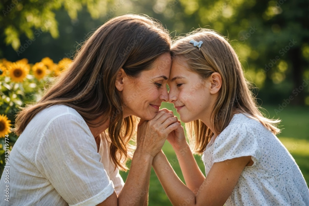 Happy mother and daughter touching foreheads on sunny day