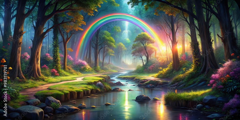 Mystical Forest Symphony Impressionistic Dreamland with Vivid Rainbow, Tranquil River, Enchanted Woods, and Serene Serenity Mystical Forest Symphony Impressionistic Dreamland with Vivid Rainbow, Tranquil River, Enchanted Woods, and Serene Serenity