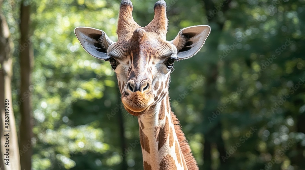 Obraz premium This curious giraffe stands amidst a vibrant, green forest, its large eyes and distinctive spots reflecting the beauty of its surroundings, showcasing a moment of tranquility in nature