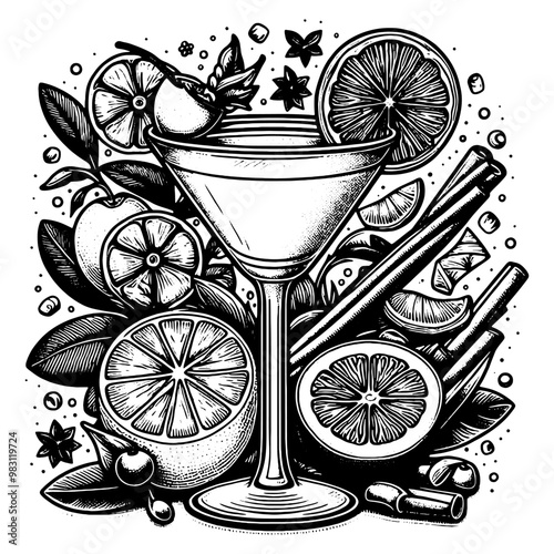 Cocktails with Citrus Fruits and Spices in Black and White Illustration. Vector, generative ai.