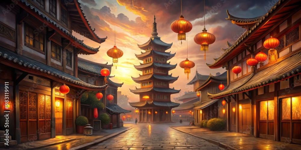 Obraz premium Nostalgic Dusk in a Traditional Chinese Town Winding Cobblestone Street Adorned with Red Lanterns, Leading to a Towering Pagoda, Under Warm Orange Sky and Soft Clouds