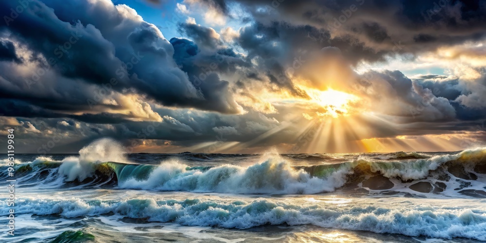 Ocean Waves Crashing Under Dramatic Sunset Sky, Seascape, Nature, Ocean Waves Ocean Waves Crashing Under Dramatic Sunset Sky, Seascape, Nature, Ocean Waves