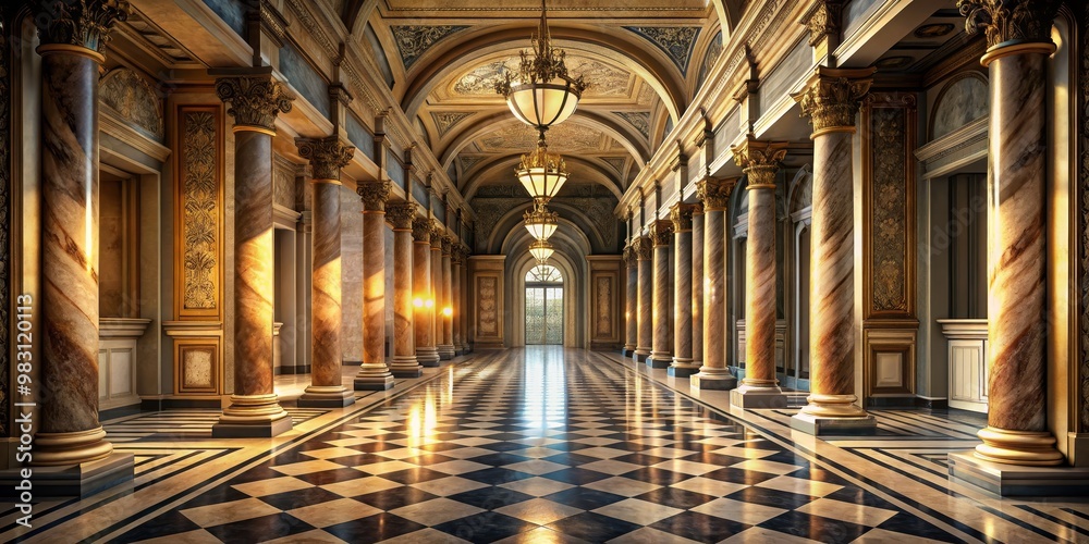 Obraz premium Ornate Grand Hallway with Intricately Carved Marble Columns and Gold Accents, Featuring Polished Black and White Checkered Floor, Decorative Ceiling, and Inviting Natural Light