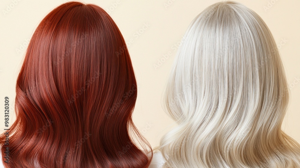 Two hairstyles are displayed side by side, one featuring glossy red waves and the other highlighting smooth silver locks, demonstrating different hair colors and textures Two hairstyles are displayed side by side, one featuring glossy red waves and the other highlighting smooth silver locks, demonstrating different hair colors and textures