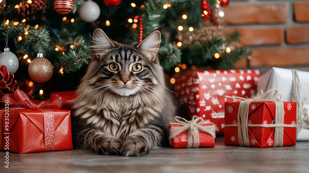 A Maine Coon cat relaxes near a decorated Christmas tree surrounded by colorful gifts A Maine Coon cat relaxes near a decorated Christmas tree surrounded by colorful gifts