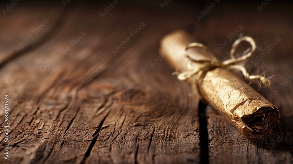 Fototapeta premium A rolled parchment tied with natural twine lies on a textured wooden table, illuminated by warm light, creating a rustic and inviting atmosphere