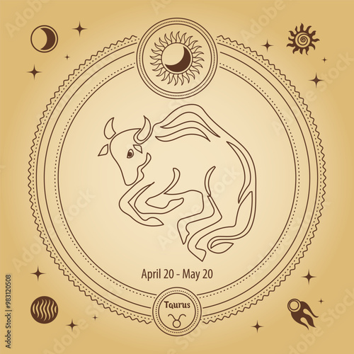 Taurus zodiac sign, astrological horoscope sign. Outline drawing in a decorative circle with mystical astronomical symbols. Vector