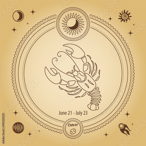 Cancer zodiac sign, astrological horoscope sign. Outline drawing in a decorative circle with mystical astronomical symbols. Vector