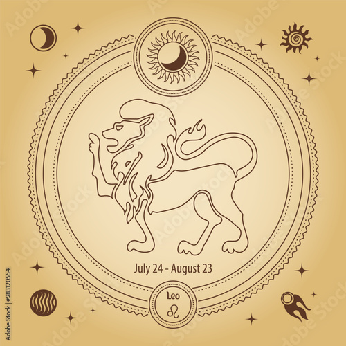 Leo zodiac sign, astrological horoscope sign. Outline drawing in a decorative circle with mystical astronomical symbols. Vector