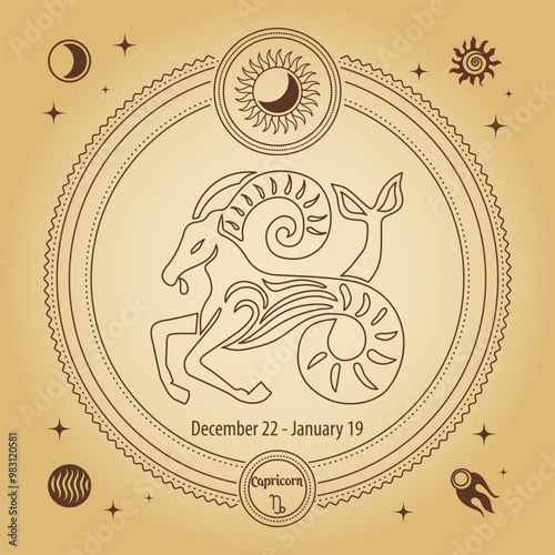 Capricorn zodiac sign, astrological horoscope sign. Outline drawing in a decorative circle with mystical astronomical symbols. Vector