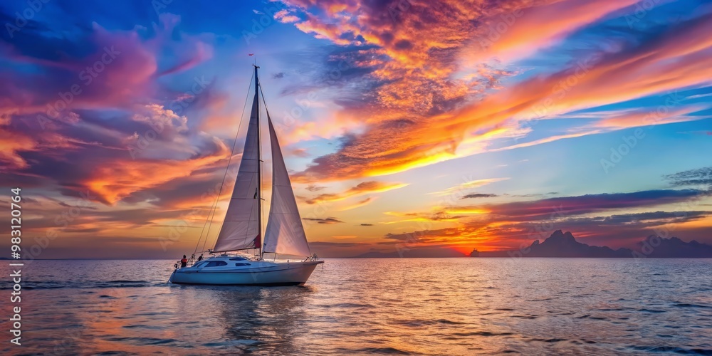 Fototapeta premium Romantic Sunset Adventure A small white sailboat, off-center in the foreground, sails toward vibrant sunset hues over silhouetted mountains, with golden rays illuminating tranquil