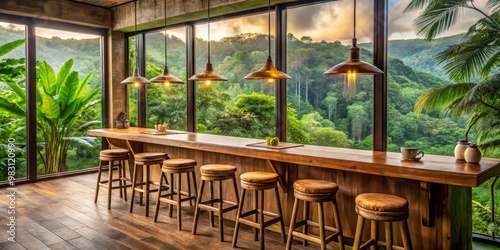 Serene Bar Setup with Warm Wooden Counter and Cushioned Stools  Framed by Panoramic Window Showcasing Vibrant Jungle Landscape Under Soft Orange Sky  Inviting Tranquility and