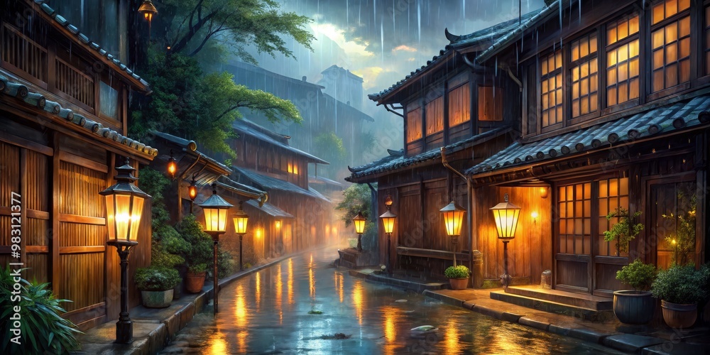 Serene Rain-Soaked Alleyway in Traditional Japanese Town Curved Roofs, Frosted Windows, Golden Lantern Reflections on Water, Misty Ambiance, Warm Earthy Tones Amidst Rainy Night Serene Rain-Soaked Alleyway in Traditional Japanese Town Curved Roofs, Frosted Windows, Golden Lantern Reflections on Water, Misty Ambiance, Warm Earthy Tones Amidst Rainy Night