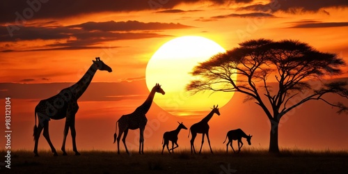 Serene Silhouette of Four Giraffes Against a Stunning Orange Sunset, Featuring a Lone Tree, Capturing Tranquility and the Vibrant Beauty of the African Savanna Landscape