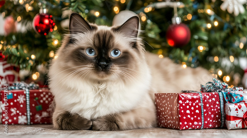 A playful Ragdoll cat relaxes near a beautifully decorated Christmas tree with gifts