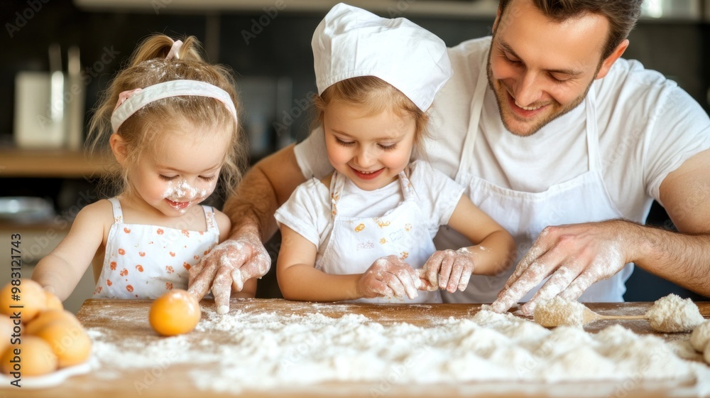 A father and his two daughters are having fun baking in the kitchen, surrounded by flour, eggs, and smiles, creating cherished moments together A father and his two daughters are having fun baking in the kitchen, surrounded by flour, eggs, and smiles, creating cherished moments together