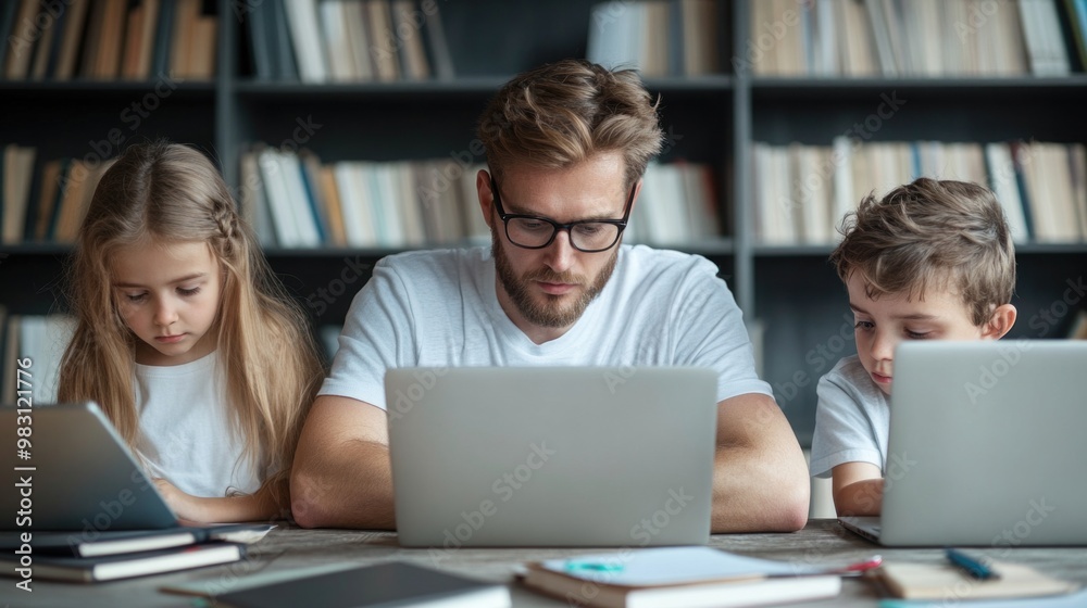 A father sits with his two children at a table, assisting them with their online learning. The cozy study includes shelves lined with books and they are focused on their laptops A father sits with his two children at a table, assisting them with their online learning. The cozy study includes shelves lined with books and they are focused on their laptops
