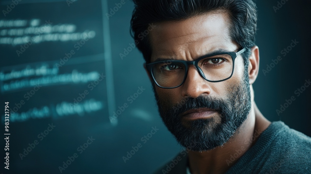 A focused individual wearing glasses stares intently while surrounded by complex mathematical equations written on a chalkboard in a contemporary classroom setting A focused individual wearing glasses stares intently while surrounded by complex mathematical equations written on a chalkboard in a contemporary classroom setting