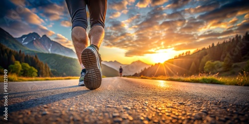 Stride of Hope Person's Foot in Running Shoe on Paved Road at Sunset, Symbolizing Journey Towards Optimistic Future