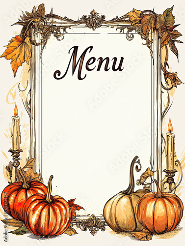 An elegant autumn-themed menu design adorned with pumpkins, candles, and foliage, framed with delicate, ornate borders and 