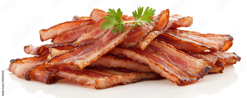 A stack of perfectly cooked crispy bacon strips sits on a white plate, garnished with a sprig of fresh herb, showcasing delicious breakfast options A stack of perfectly cooked crispy bacon strips sits on a white plate, garnished with a sprig of fresh herb, showcasing delicious breakfast options