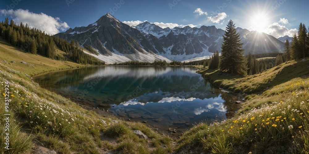 A panoramic view of a mountain range with snow-capped peaks under a clear sky. In the foreground, a tranquil alpine lake reflects the mountains. Wildflowers dot the grassy meadow leading to the lake. A panoramic view of a mountain range with snow-capped peaks under a clear sky. In the foreground, a tranquil alpine lake reflects the mountains. Wildflowers dot the grassy meadow leading to the lake.