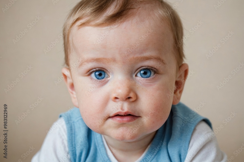 Portrait Nine month old baby with blue eyes looking at camera Portrait Nine month old baby with blue eyes looking at camera