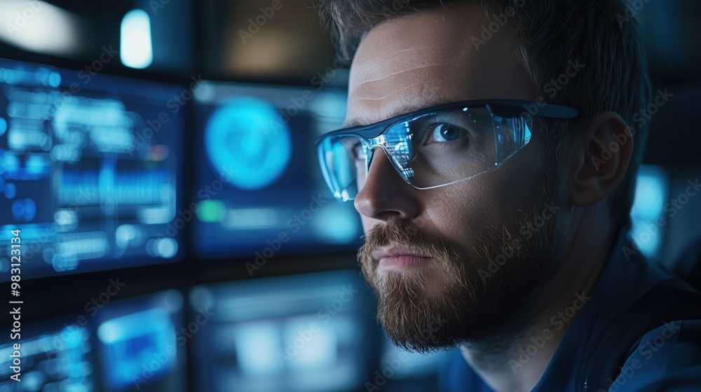A data analyst with glasses intensely observes multiple digital screens in a modern office setting A data analyst with glasses intensely observes multiple digital screens in a modern office setting