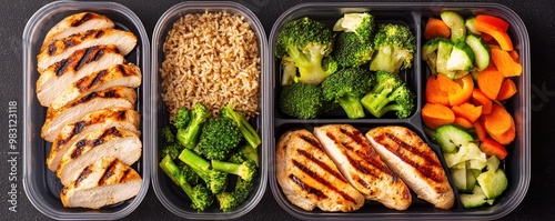 Healthy meal prep container featuring grilled chicken, brown rice, and fresh vegetables ready for nutritious eating.