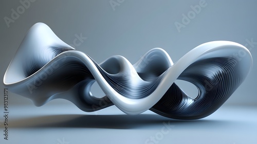 A smooth, flowing abstract shape made from NURBS curves, with sleek surfaces transitioning seamlessly between curves, mimicking natural, liquid-like movements while retaining the geometric beauty of m