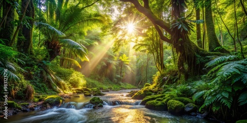 Tranquil Tropical Forest Sunlit Canopy Meeting a Winding River, Moss-Covered Rocks, Vibrant Undergrowth, and a Harmony of Green and Gold, Capturing Nature's Serenity and Beauty