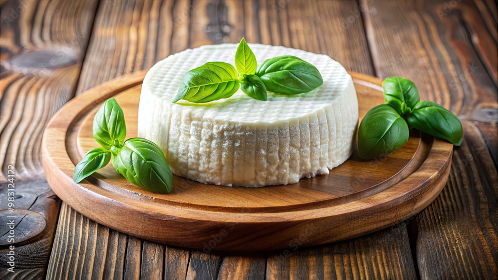 A round wheel of creamy fresh cheese is artfully arranged on a wooden serving board, adorned with vibrant green basil leaves, creating a rustic culinary display A round wheel of creamy fresh cheese is artfully arranged on a wooden serving board, adorned with vibrant green basil leaves, creating a rustic culinary display