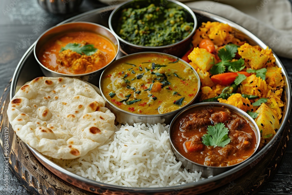Indian Thali Plate with Curry, Rice, and Naan Indian Thali Plate with Curry, Rice, and Naan