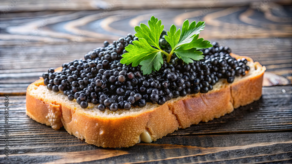 This dish features a generous layer of black caviar placed atop a slice of fresh bread, adorned with a sprig of parsley, resting on a dark wooden surface