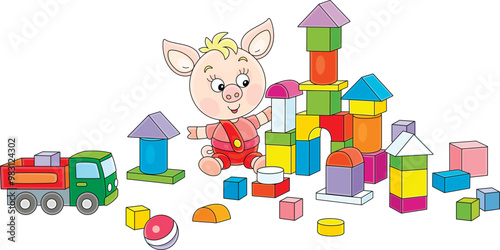 Funny little pink piglet playing with colorful blocks and building a toy castle in a playroom, vector cartoon illustration on a white background
