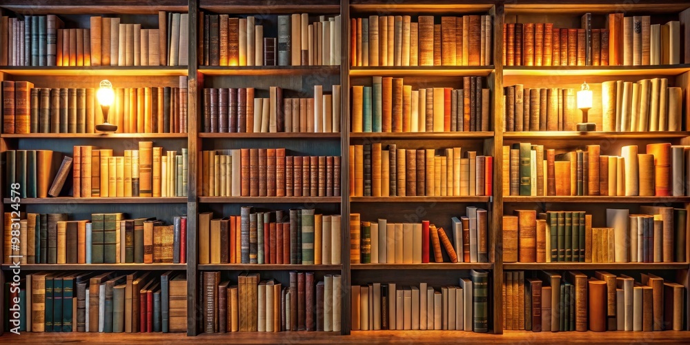 Warm Glow Illuminates Ancient Books on a Wooden Shelf, library, bookworm Warm Glow Illuminates Ancient Books on a Wooden Shelf, library, bookworm