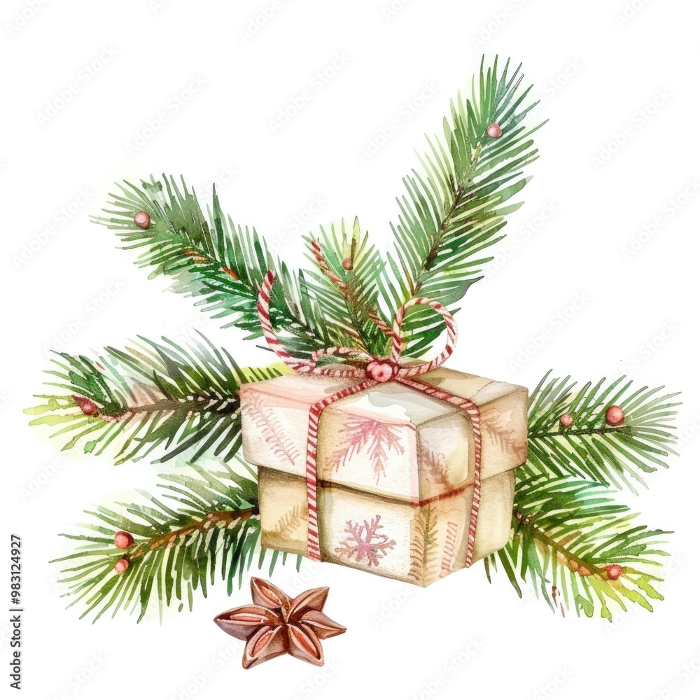 Festive Holiday Gift with Evergreen Branches and Red Berries Watercolor Illustration Festive Holiday Gift with Evergreen Branches and Red Berries Watercolor Illustration