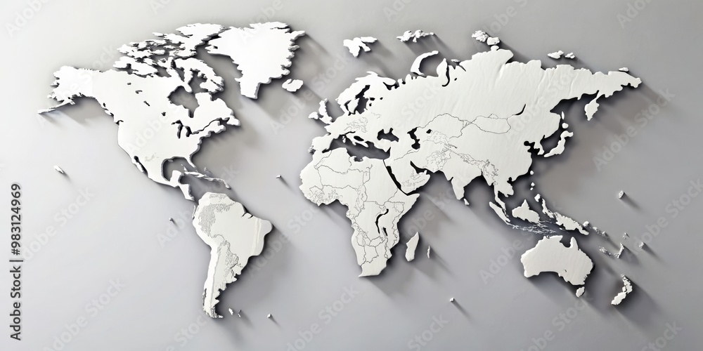 World Map 3D Rendering, White, Gray Background, Global, Geography, World map, 3D rendering