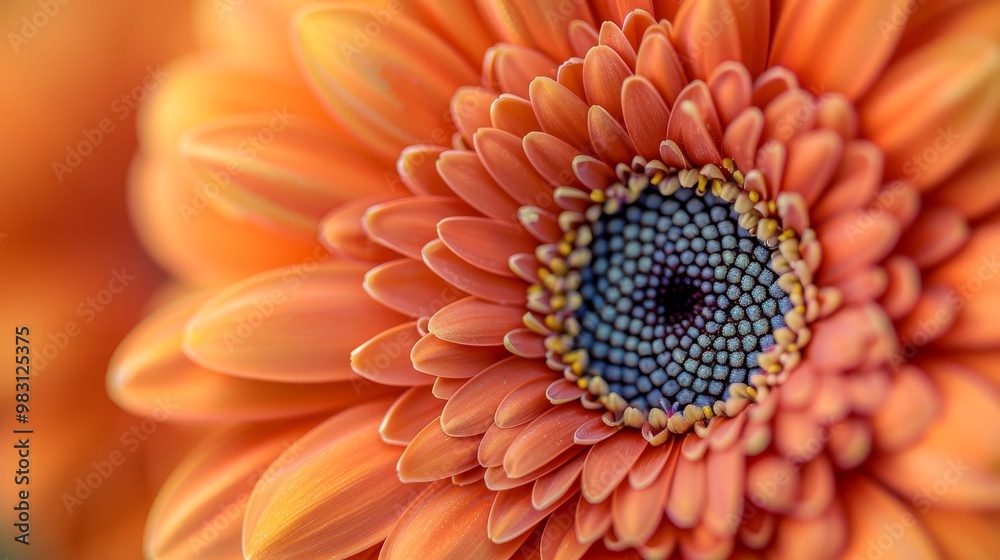 Close-up of an orange gerbera daisy with a blue center. The flower's petals are soft and delicate. Perfect for a spring or summer theme. Close-up of an orange gerbera daisy with a blue center. The flower's petals are soft and delicate. Perfect for a spring or summer theme.