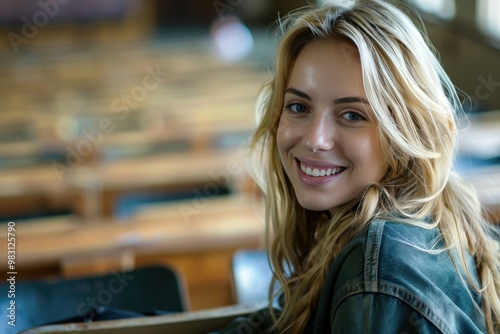 A girl with long blonde hair is smiling and posing for a picture, generative ai image