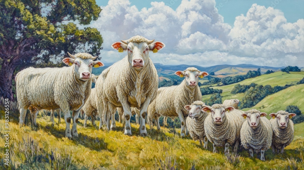 Fototapeta premium A Herd of White Sheep and a Cow Grazing on a Hillside