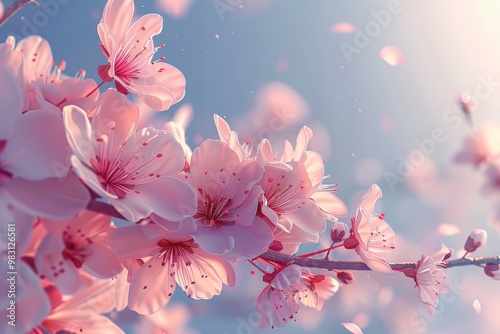 Delicate pink cherry blossoms blooming against a blue sky with petals falling.  Soft, dreamy, springtime aesthetic. photo