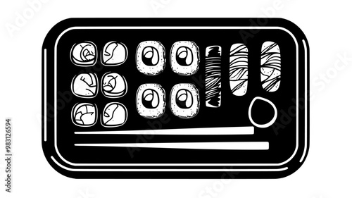 Assortment of sushi rolls on a rectangular dish with chopsticks and a bowl, food vector illustration