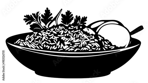 Biryani served in a dish with raita and a side of lemon slices, food vector graphic