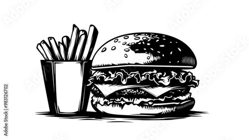 Beef burger with lettuce, tomato, and cheese on a bun with fries, food illustration vector