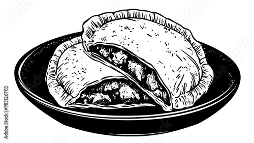 Split beef empanada with exposed filling on a small plate, food vector graphic