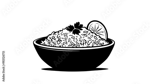 Biryani served in a bowl with a side of raita and garnished with herbs, food illustration vector