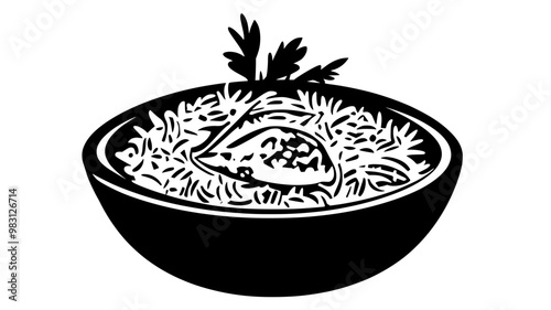 Biryani placed in a serving dish with raita and garnished with herbs, food vector illustration