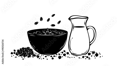 Cold cereal bowl with flakes beside a jug of milk and a spoon, food vector illustration