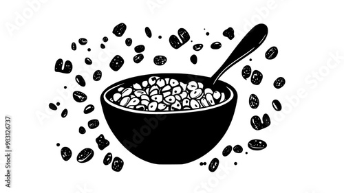 Bowl of cold cereals with scattered pieces and a spoon beside the bowl, food illustration vector